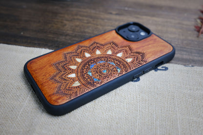 Floral Symmetry Half Mandala Lace Art – Hand-Inlaid Wood & Mother of Pearl Phone Case Compatible with iPhone, Samsung Galaxy & Google Pixel