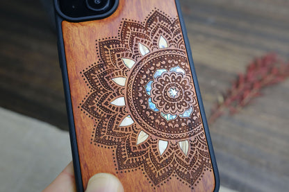 Floral Symmetry Half Mandala Lace Art – Hand-Inlaid Wood & Mother of Pearl Phone Case Compatible with iPhone, Samsung Galaxy & Google Pixel