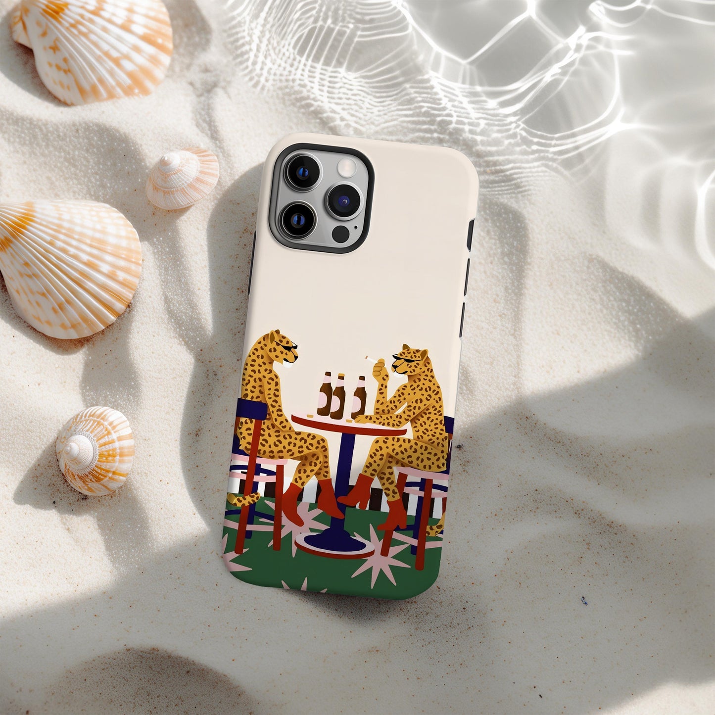 Leopard Cafe Illustration Phone Case, Whimsical Animal Art Cover, Playful Retro Bistro Scene