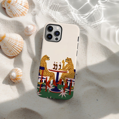 Leopard Cafe Illustration Phone Case, Whimsical Animal Art Cover, Playful Retro Bistro Scene