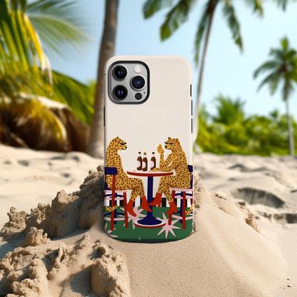 Leopard Cafe Illustration Phone Case, Whimsical Animal Art Cover, Playful Retro Bistro Scene