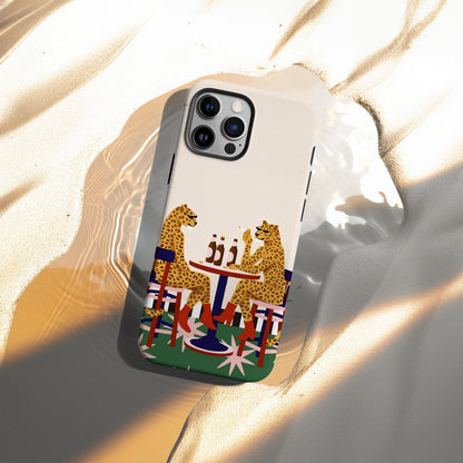 Leopard Cafe Illustration Phone Case, Whimsical Animal Art Cover, Playful Retro Bistro Scene