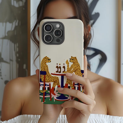 Leopard Cafe Illustration Phone Case, Whimsical Animal Art Cover, Playful Retro Bistro Scene
