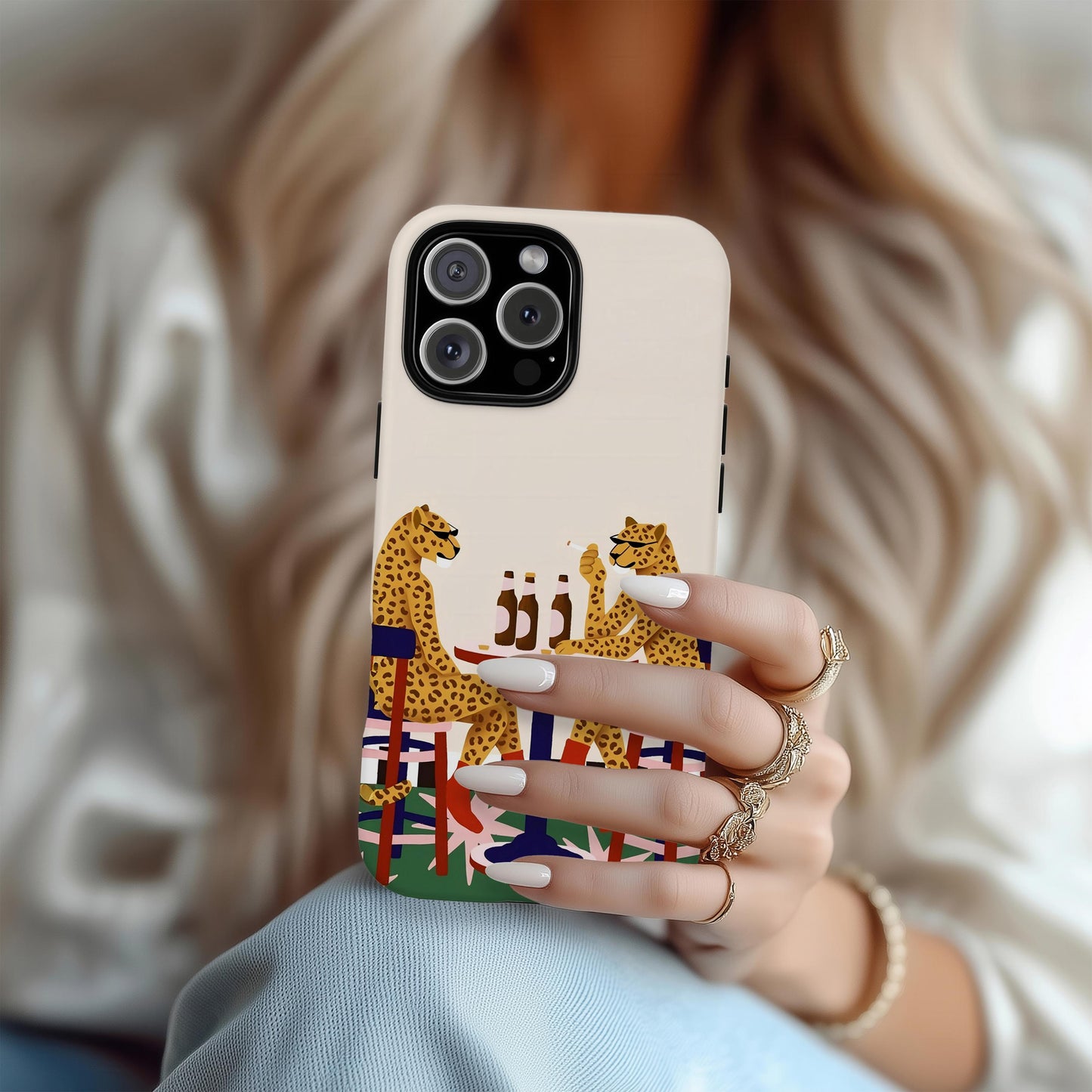 Leopard Cafe Illustration Phone Case, Whimsical Animal Art Cover, Playful Retro Bistro Scene