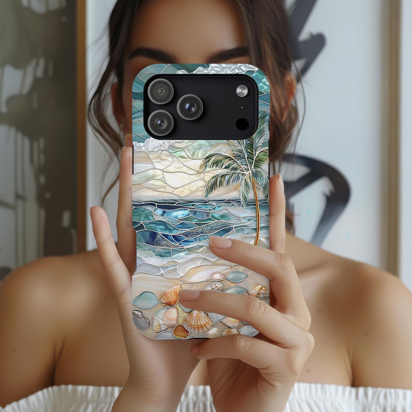 Stained Glass Ocean Waves Magsafe Case | Coastal Seashell Cover | Tropical Art Gift iPhone 17 16 15 14 13 Pro Max Mini, Galaxy s26