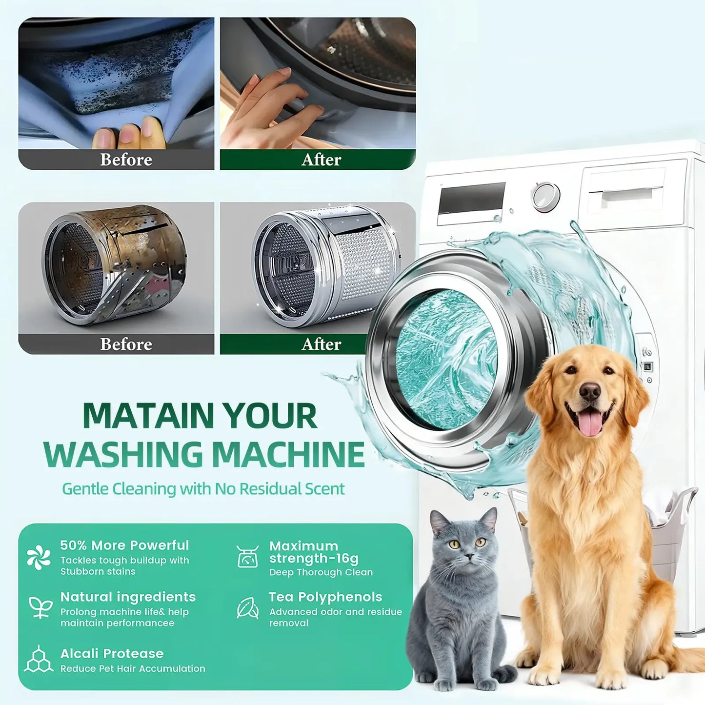 12Pcs Eco-Friendly Washing Machine Cleaner Tablets, Removes Pet Hair Buildup, Strong Deodorization, Long-Lasting Washer Inner Drum Cleaning.-ANN