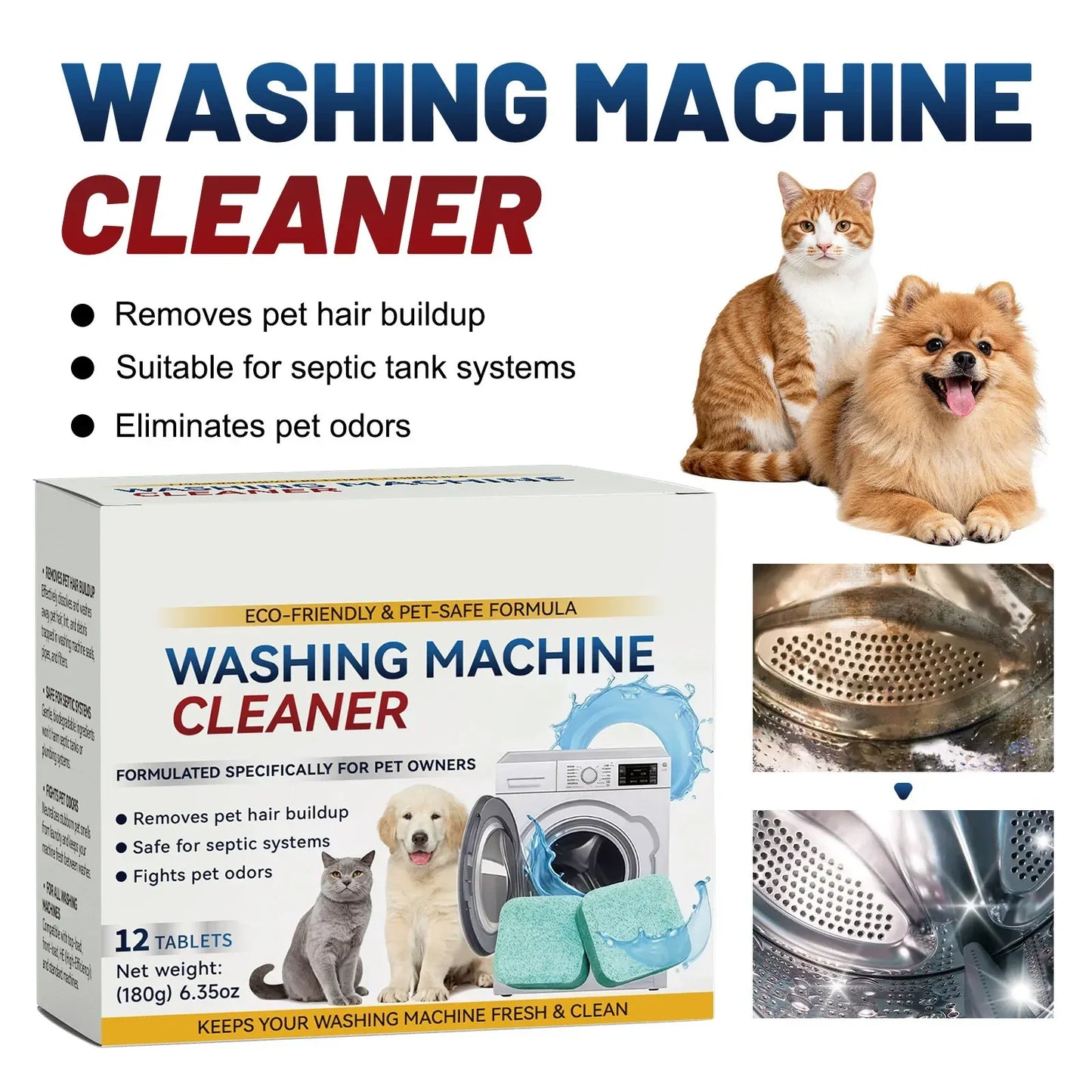 12Pcs Eco-Friendly Washing Machine Cleaner Tablets, Removes Pet Hair Buildup, Strong Deodorization, Long-Lasting Washer Inner Drum Cleaning.-ANN
