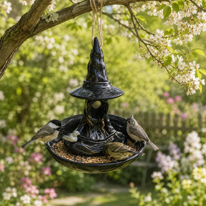 Whimsical Witch Hat Bird Feeder – Hanging Resin Gothic Garden Decor-CW