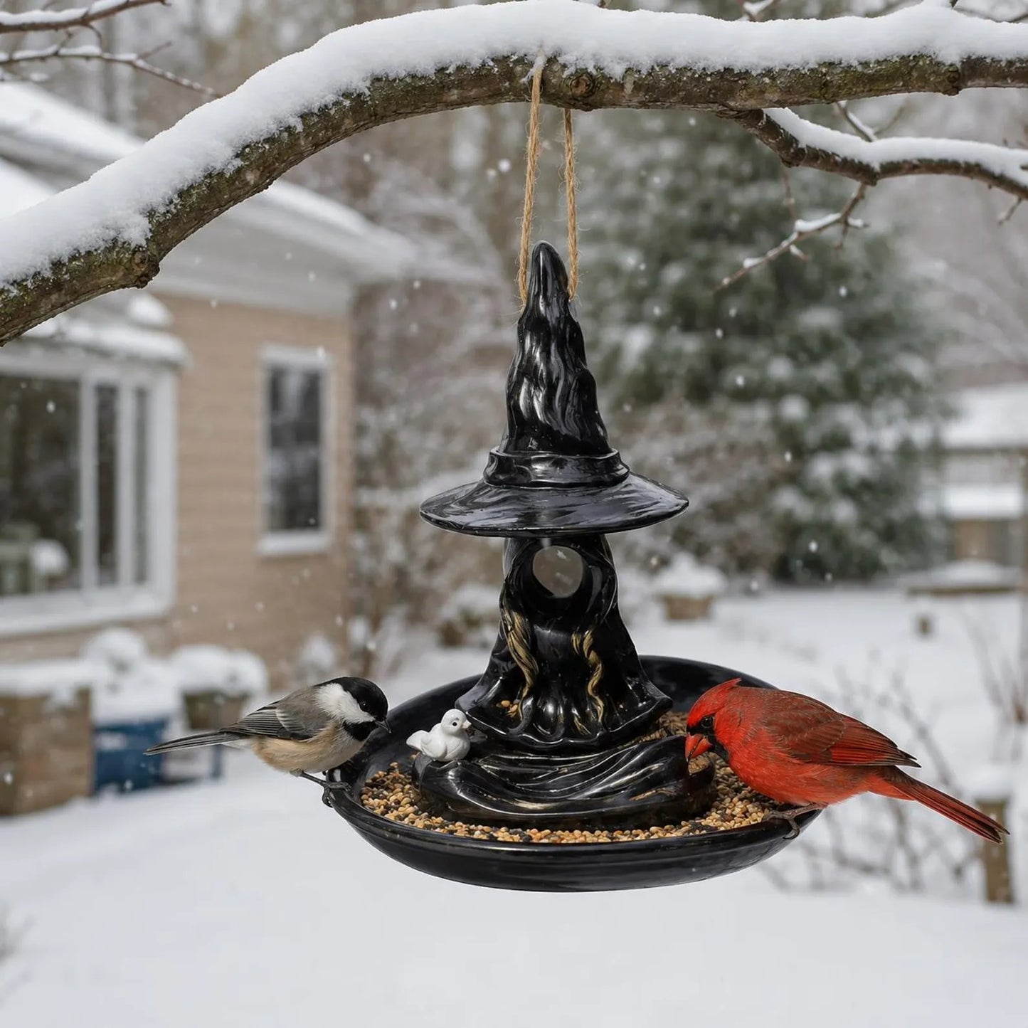 Whimsical Witch Hat Bird Feeder – Hanging Resin Gothic Garden Decor-CW