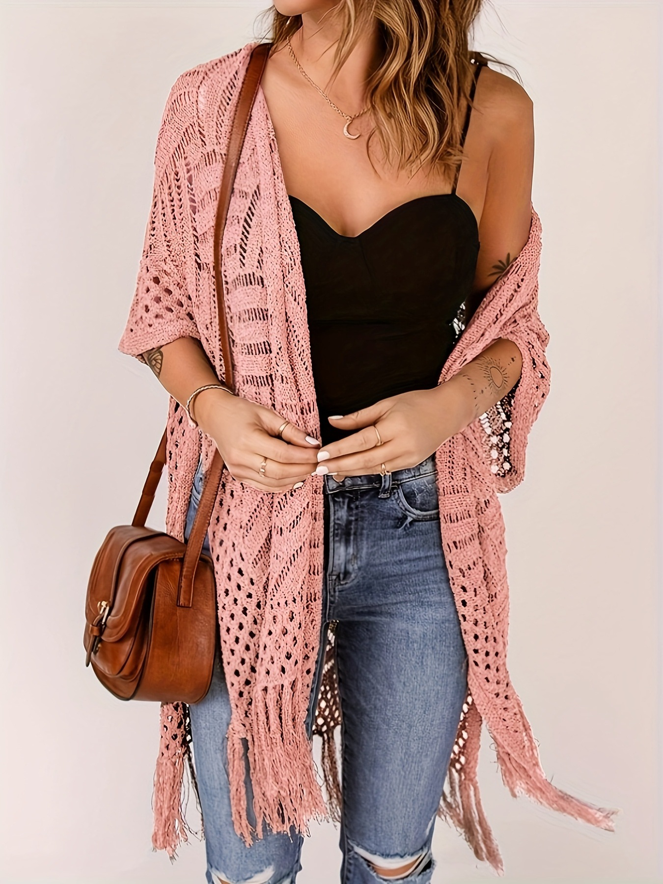 Womens Knit Cardigan Oversized Open Front Outwear New Spring & Summer Hollow Out Crochet Tassel Lightweight Kimonos Sweater Outdoorfun 2026 Womenswear Overall Style Knitwear Piece Tops thin-ZGD