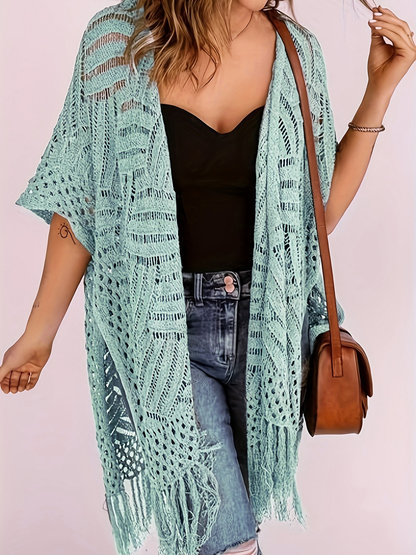Womens Knit Cardigan Oversized Open Front Outwear New Spring & Summer Hollow Out Crochet Tassel Lightweight Kimonos Sweater Outdoorfun 2026 Womenswear Overall Style Knitwear Piece Tops thin-ZGD