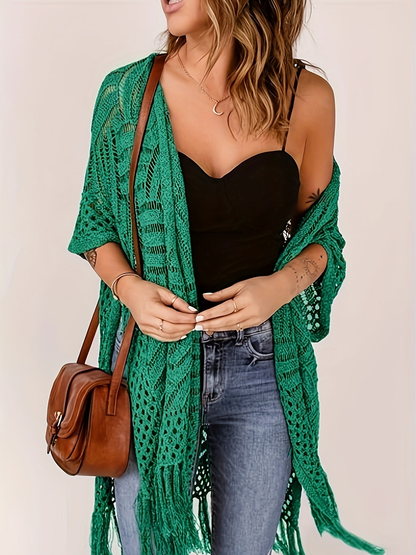 Womens Knit Cardigan Oversized Open Front Outwear New Spring & Summer Hollow Out Crochet Tassel Lightweight Kimonos Sweater Outdoorfun 2026 Womenswear Overall Style Knitwear Piece Tops thin-ZGD