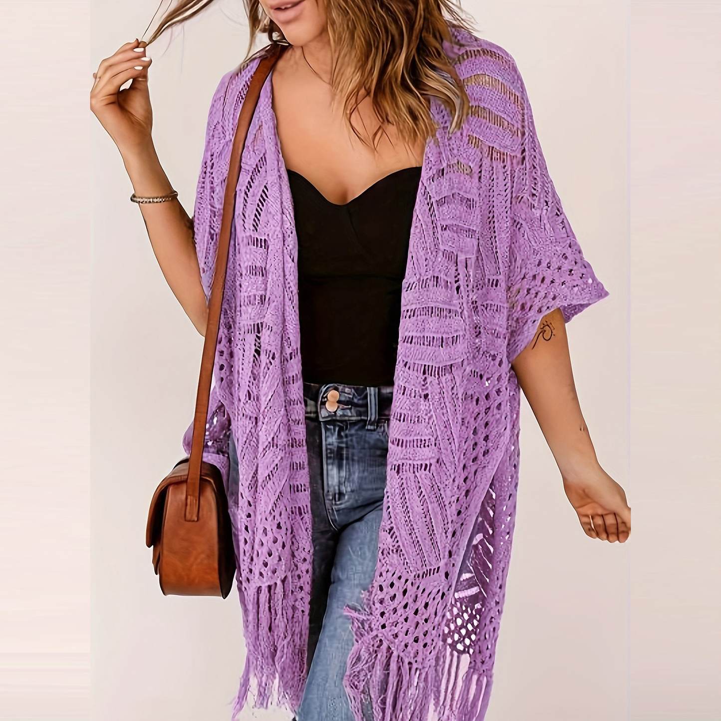 Womens Knit Cardigan Oversized Open Front Outwear New Spring & Summer Hollow Out Crochet Tassel Lightweight Kimonos Sweater Outdoorfun 2026 Womenswear Overall Style Knitwear Piece Tops thin-ZGD
